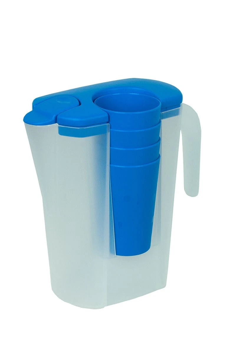 Null Saftkrug Karaffe Krug Mit Pendel-Ausguss Und 4 Becher Kunststoff 4 Null Saftkrug Karaffe Krug Mit Pendel-Ausguss Und 4 Becher Kunststoff – Bild 2